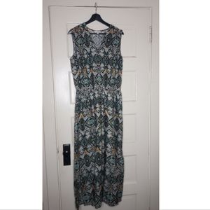 Garnet Hill Linen Embroidered Print Green Maxi Dress